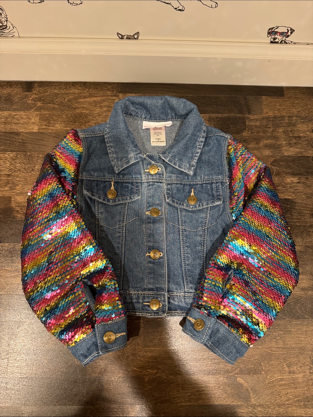 Kids Denim Jacket with Rainbow Sequin Sleeves Size 5
